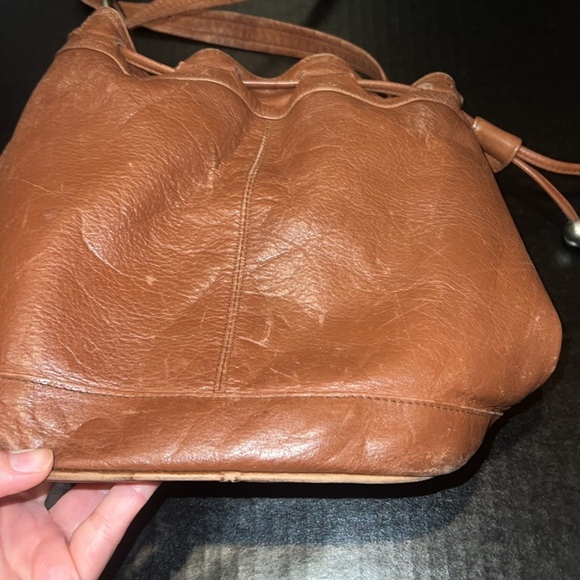 Vintage Brown Leather Drawstring Bucket Bag with Silver Hardware - Picture 5 of 9